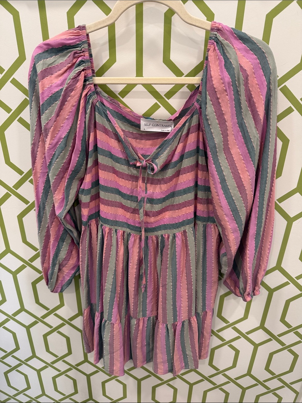 Self Contrast Trendy Pink and Green Striped Puff-Sleeve Peasant Dress!